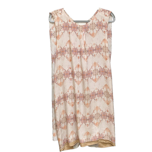 MORGAN CARPER Anthropologie Abstract Tonal Beige Mauve Silk Shift Cape Dress - Picture 2 of 14